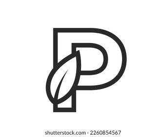 letra de línea p con hoja. ecologotipo alfabético. elemento de diseño de naturaleza y medio ambiente. imagen vectorial aislada en estilo simple