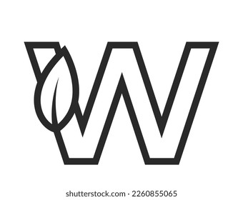 line letter w with leaf. Initial eco logo letter. nature and environment design element. isolated vector image in simple style