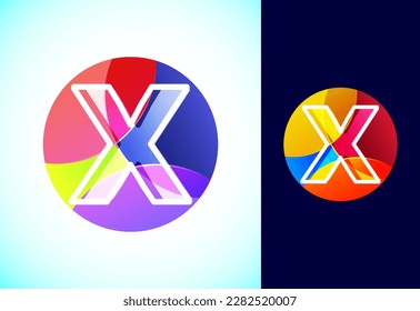 Line letter X on a colorful circle. Graphic alphabet symbol for business or company identity.