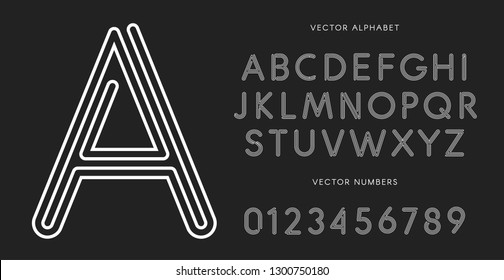 	
Line letters and numbers set on black background. Monochrome vector latin alphabet. Lacing white font. Rope ABC, maze monogram and poster template. Typography design.