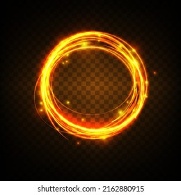 Line light effect golden vector circle. A trace of a fiery ring of glowing light. Glitter magic glitter swirl trail effect on transparent background. Round Wave Line Glitter Bokeh with Sparkling Light