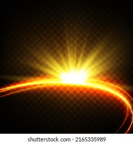 Line light effect golden vector circle. A trace of a fiery ring of glowing light. Glitter magic glitter swirl trail effect on transparent background. Round Wave Line Glitter Bokeh with Sparkling Light