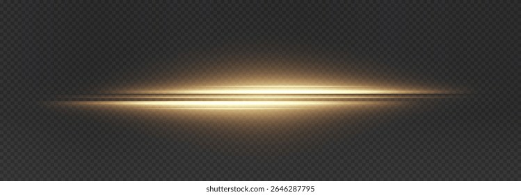 Line light with gold stars and yellow rays in motion forms horizontal sparkle stripes. Bright, glowing, and dynamic perfect Overlay for abstract, festive vector effects.