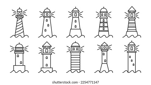 Luminosas casas, torre de mar. Borde delgado de la playa del océano, seguridad náutica, construcción de vela costera con vigas, navegación en el puerto. Plantilla de logotipo, logotipo marino. Conjunto de iconos de ajuste lineal del vector