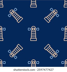 Line Lighthouse icon isolated seamless pattern on blue background.  Vector