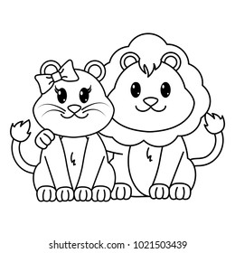 line lion couple cute animal together