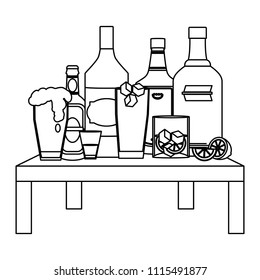 line liquor beverages bottles and glass on table