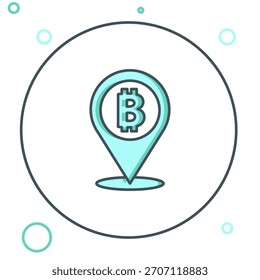 Icono de bitcoin de Locación de línea aislado sobre fondo blanco. Moneda de bit física. Moneda criptográfica segura basada en blockchain. Concepto de contorno colorido. Vector
