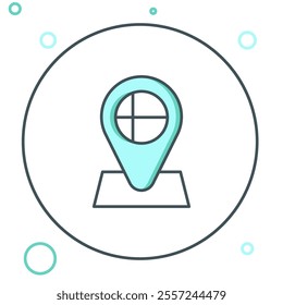 Line Location marker with round flag nation of Iceland con isolated on white background. Colorful outline concept. Vector