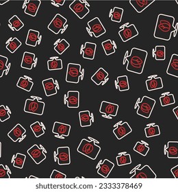 Line Location pin with leaf inside icon isolated seamless pattern on black background. Leaves sign. Fresh natural product symbol.  Vector