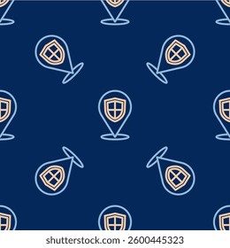Line Location shield icon isolated seamless pattern on blue background. Insurance concept. Guard sign. Security, safety, protection, privacy concept.  Vector