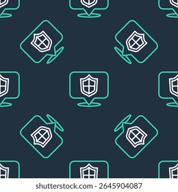 Line Location shield icon isolated seamless pattern on black background. Insurance concept. Guard sign. Security, safety, protection, privacy concept.  Vector