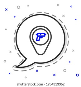Ubicación de línea con icono de arma aislado en fondo blanco. Concepto de esquema colorido. Vector