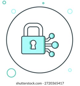 Linha Bloquear com ícone bitcoin isolado no fundo branco. Mineração criptomoeda, tecnologia blockchain, segurança, proteger, dinheiro digital. Conceito de contorno colorido. Vetor