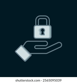 Line Lock in hand icon isolated on black background. Padlock sign. Security, safety, protection, privacy concept. Flat filled outline style with shadow. Vector