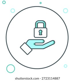 Cerradura de línea en el icono de la mano aislado en el fondo blanco. Señal de candado. Seguridad, seguridad, protección, concepto de privacidad. Concepto de contorno colorido. Vector