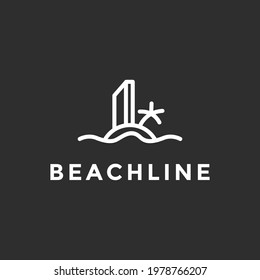 line logo design with simple and modern shape of sea water wave beach on black background