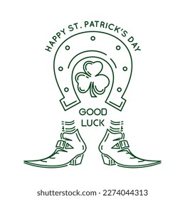 Icono del logo de la línea del Día de los Patrones. Herradura, trébol y zapatos de leprechaun. Feliz Día de San Patrón. Buena suerte. Ilustración del vector