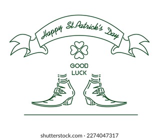 Icono del logo de la línea del Día de San Patrón con zapatos de leprechaun y cuatro trébol de hojas. Buena suerte. Feliz Día de San Patricio. Ilustración del vector