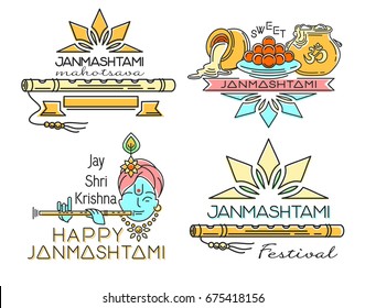 Line logo icons set for Krishna Janmashtami. Hindu festival. Celebration of the birth of Krishna. Vector illustration