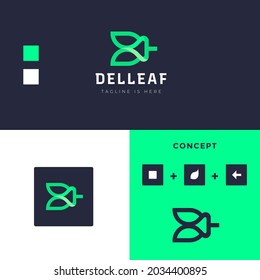 line logo letter D leaf, unique combination of icon initial D with symbol leaf and Arrow.