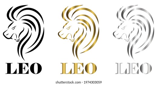 line logo of lion head It is sign of leo zodiac there are three color black gold silver