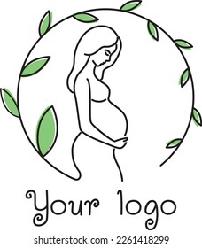 Line logo with a pregnant woman and a floral wreath. Vector graphics