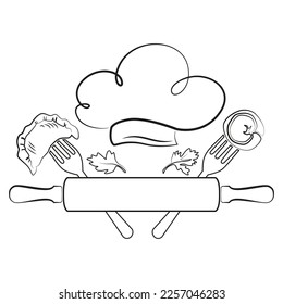 Line logo for restaurant vector. Image of a culinary rolling pin. Dumpling on a fork.