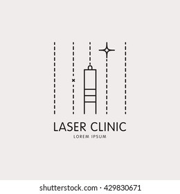 Line Logo mit einem stilisierten Bild des Lasers und der Laserstrahlen. Es kann für Kosmetologie, ästhetische Medizin Firma, Laser Haarentfernung, Laser Sehkorrektur verwendet werden. Vektorgrafik einzeln.