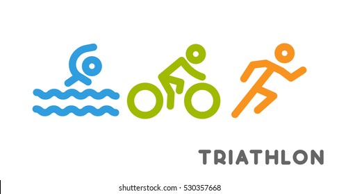 Line logo triathlon. Figures triathletes on white background. Swimming, cycling and running symbol.