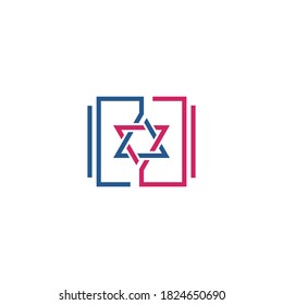 line logo of two triangles that are linked together to form a hexagram star in a square