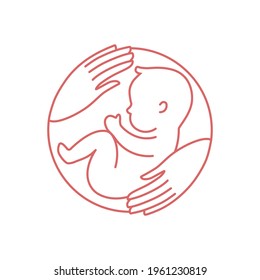 Line Logotype With Baby And Caring Hands. Stylish Logo For A Prenatal Or Reproductive Clinic, Pregnancy Brochure, Surrogacy Agency. Round Frame, Elegant Isolated Icon. Vector Illustration