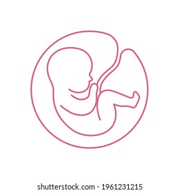 Line logotype. Baby in the womb with an umbilical cord. Stylish logo for a prenatal or reproductive clinic, pregnancy brochure, surrogacy agency. Round frame, elegant icon. Vector illustration