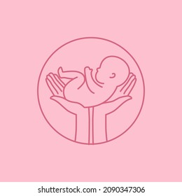 Line logotype. Hands holding a baby. Baby care