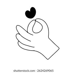 Line love hand gesture, woman drink coffee