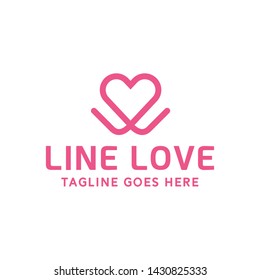 Logo-Design der Linie Love mit rosafarbener Vektorillustration und Valentinsymbol. Kreatives Logo für Wendding, Romantik, Ehe, Firma, Business.