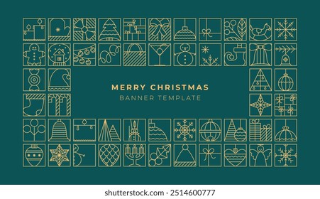 Line luxury christmas banner, card, flyer, poster design. Xmas simple vector template with tree, bauble ball, snowflake icons.