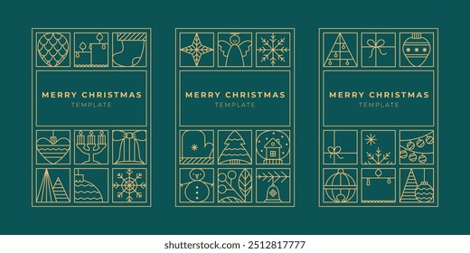 Línea de invitación de Navidad de lujo, tarjeta, volante, diseño art deco. Plantilla de Vector simple de la Navidad con el árbol, bola de la chuchería, iconos del copo de nieve.