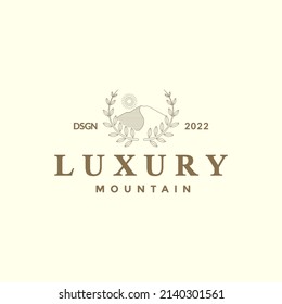 line luxury hipster mountain with leaf badge logo design, vector graphic symbol icon illustration creative idea