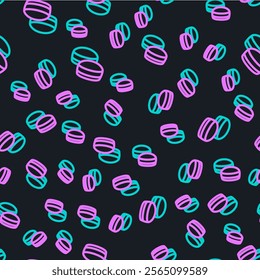 Line Macaron cookie icon isolated seamless pattern on black background. Macaroon sweet bakery.  Vector