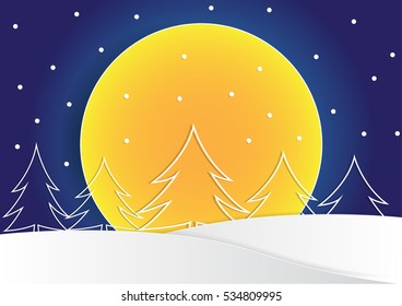 line made christmas tree shape and star on top of the tree with big moon on background, christmas background, vector, copy space for text, illustration, paper art and origami style