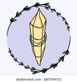 Linea cristal mágico con hojas. Vector de cosméticos, belleza, tatuaje, Spa, manicura, joyería. Ilustración de elementos mágicos. 