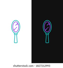 Icono de espejo de mano de línea mágica aislado en fondo blanco y negro. Concepto de esquema colorido. Vector