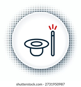 Linha Magic chapéu e ícone de varinha isolado no fundo branco. Truque mágico. Conceito de entretenimento misterioso. Conceito de contorno colorido. Vetor