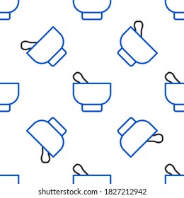 Line Magic mortar and pestle icon isolated seamless pattern on white background. Colorful outline concept. Vector