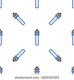 Line Magic staff icon isolated seamless pattern on white background. Magic wand, scepter, stick, rod. Colorful outline concept. Vector