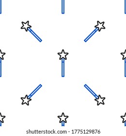 Line Magic wand icon isolated seamless pattern on white background. Star shape magic accessory. Magical power. Colorful outline concept. Vector
