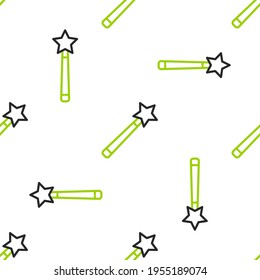 Line Magic wand icon isolated seamless pattern on white background. Star shape magic accessory. Magical power.  Vector Illustration