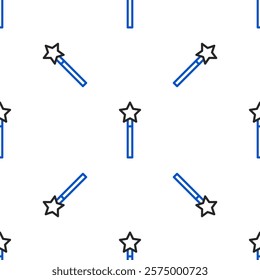 Line Magic wand icon isolated seamless pattern on white background. Star shape magic accessory. Magical power. Colorful outline concept. Vector