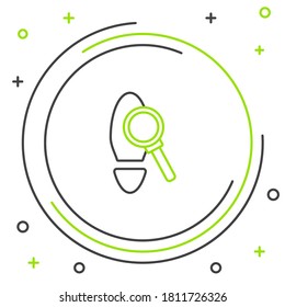 Line Magnifying glass with footsteps icon isolated on white background. Detective is investigating. To follow in the footsteps. Colorful outline concept. Vector